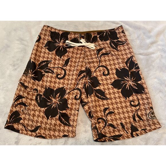 Billabong Men's Board Shorts Brown Tan Houndstooth Black Tropical Size 38 - Picture 1 of 12